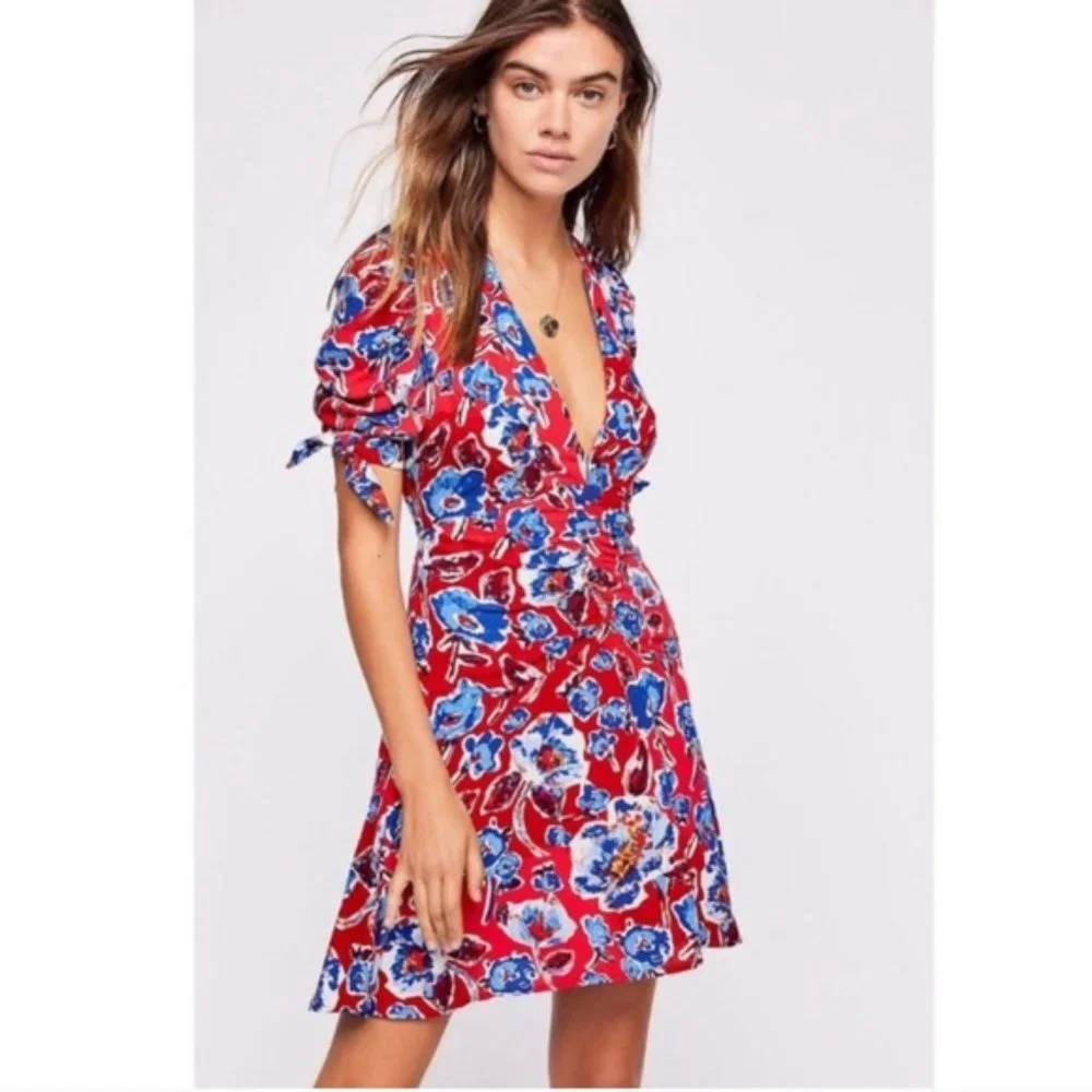 NEW Free People Mini Dress Red & Blue Floral Glow Up - Picture 1 of 6